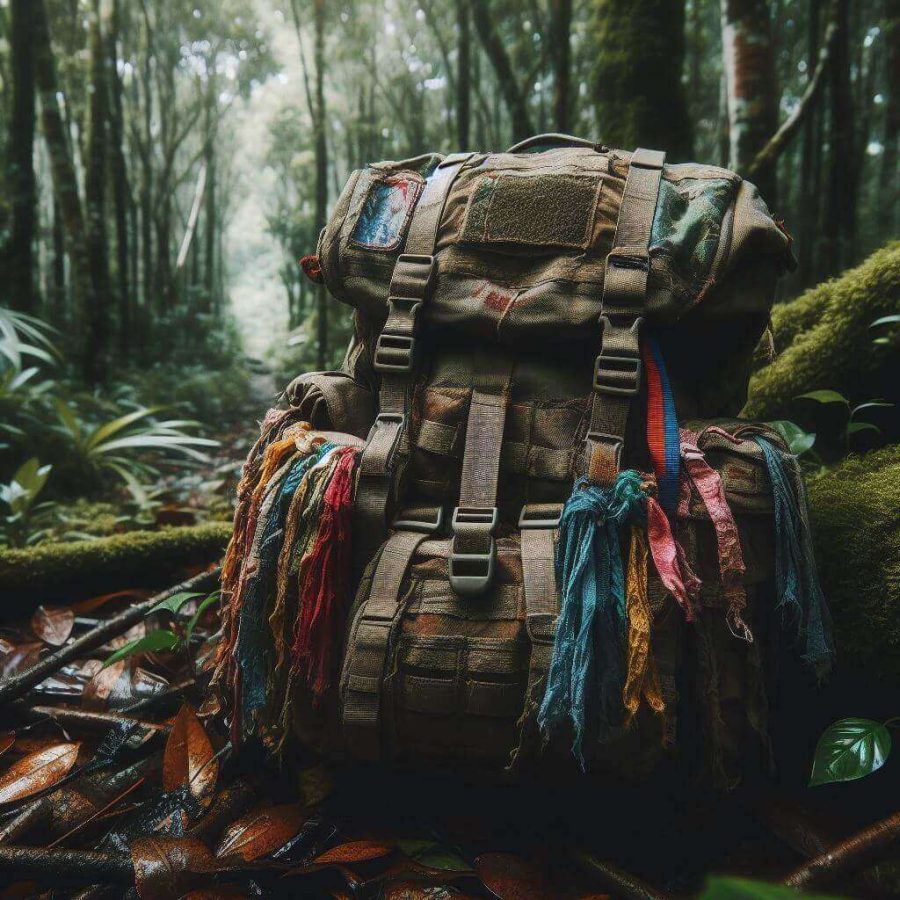 Una mochila en medio de la naturaleza, imagen escogida para el relato El cubil, de Relatos salvajes.