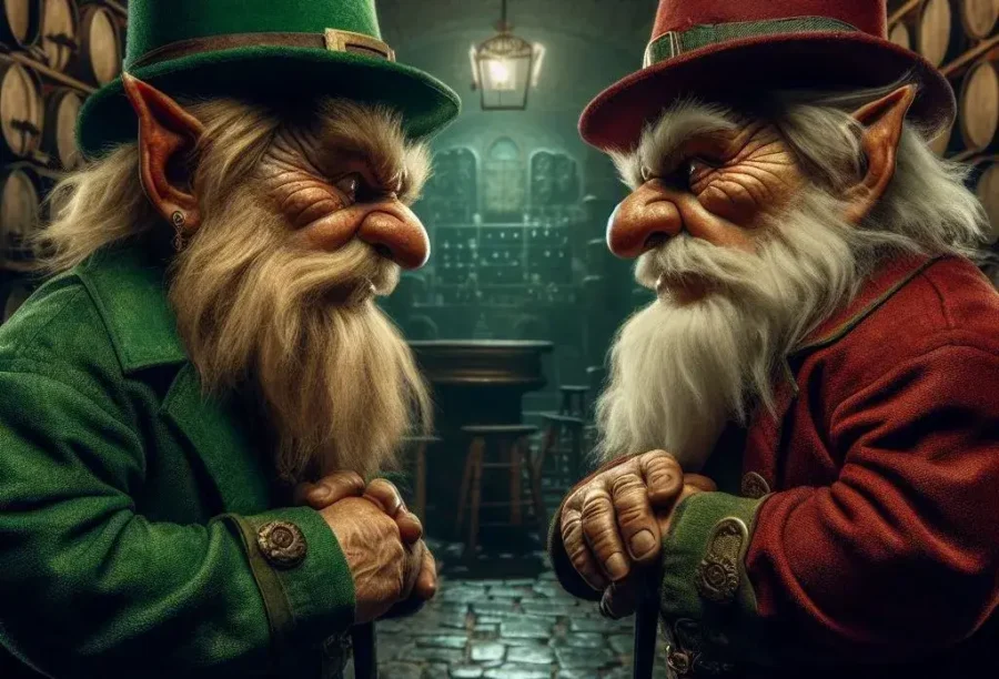 En la imagen aparecen un leprechaun y un clurichau enfrentados.