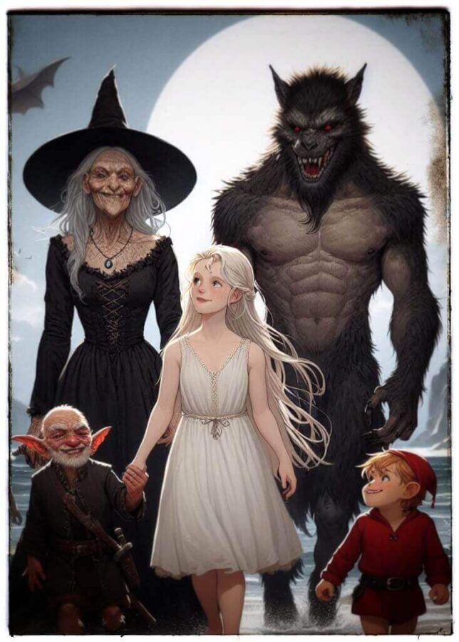De izquierda a derecha, un diaño burleiro, una bruxa, una moura, un lobishome y un trasno. Todos ellos seres míticos gallegos.
