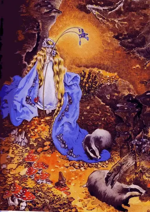 Una anjana en una cueva de oro, rodeada de animales.
