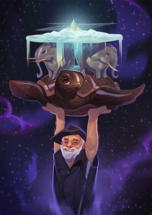 Terry Pratchett sosteniendo su Mundodisco
