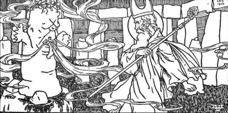 San Patricio y Crom Cruach. Ilustración antigua.